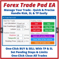 Forex Trade Management Pad EA MT4 MT5 One-Click Buy Sell Close Trades, Set TP SL in Pips, Fixed Lot Sizes or Percentage